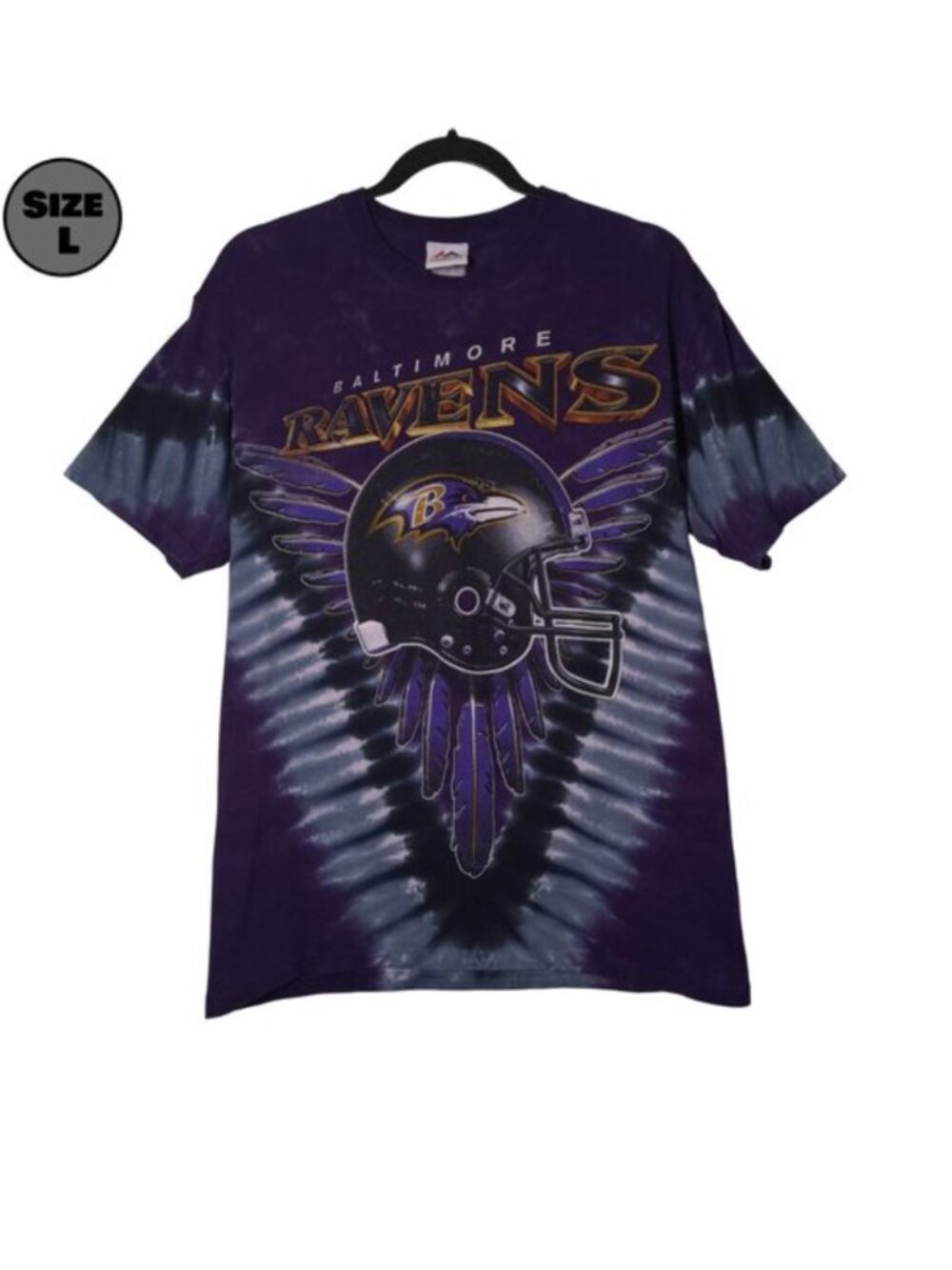 Baltimore Ravens Helmet USED Shirt (L, Purple Tie-Dye, Football, Majestic)